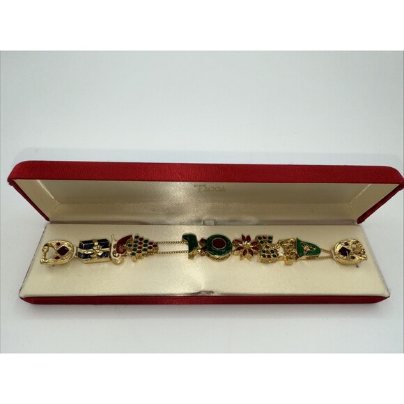 Tacoa Christmas Charm Bracelet 7.5" Gold Tone Boxed Holiday Jewelry Gift - Picture 3 of 15